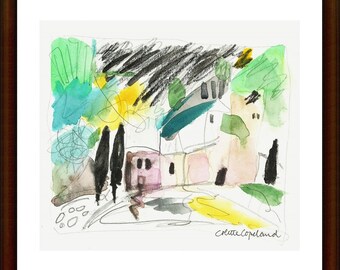 Original watercolor and graphite sketch on paper, landscape, South of France