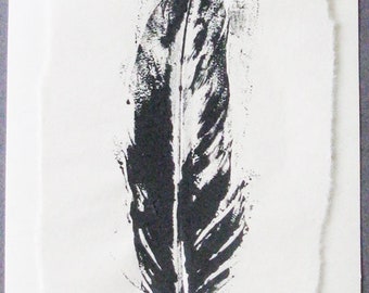 Feather, hand-pulled print on unbleached printmaking paper mounted on cardstock