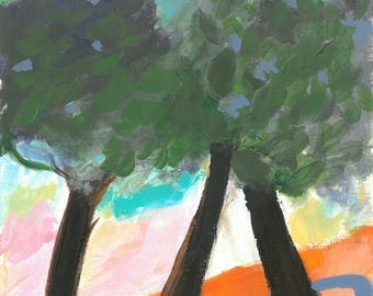 Original Acrylbild auf Leinwand-Papier, Landschaft, drei Bäume