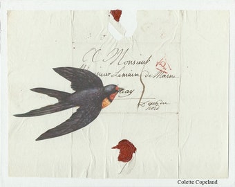 The Swallow, collage on canvas board, antique letter, original art