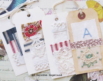 Original tag art, set of 4, Textiles lace vintage embroidery