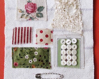 Small art quilt, textile art, Sampler, notions, buttons and safety pin