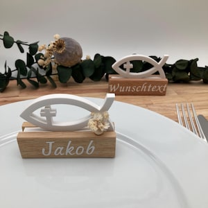Tischdekoration Fisch zur Taufe, Kommunion, Konfirmation, Firmung , personalisierte Tischkarten oder Namensschilder
