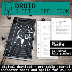 Ficha de personagem DRUIDA e livro de feitiços para DnD 5e | PDFs e SVG preenchíveis incluídos | Dungeons and Dragons | D&D | Livro de feitiços para impressão
