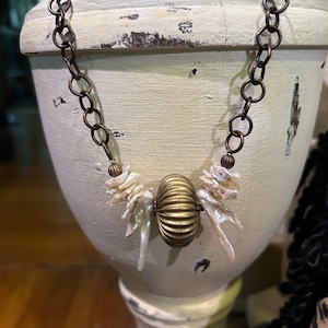 Pearls and Pleats: Stick pearls, ruffled pearls, antique pleated brass bead, antiqued brass large link chain with antiqued brass findings