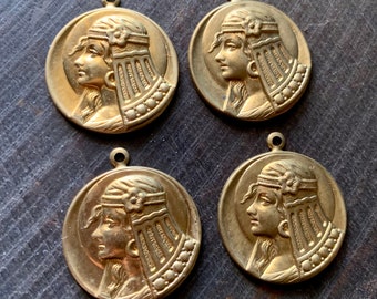 Vintage Brass Art Nouveau Goddess Egyptian Priestess with Moon Charm Pendant 4 pcs/2 pair jewelry findings