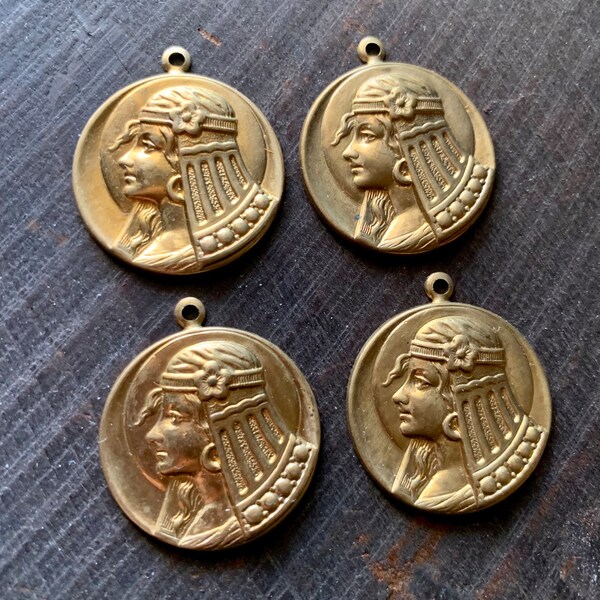 Vintage Brass Art Nouveau Goddess Egyptian Priestess with Moon Charm Pendant 4 pcs/2 pair jewelry findings