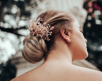 Rose Gold Crystal Bridal Clip, Bridal Comb Crystal, Wedding Crystal Hair Comb, Wedding Accessory,  Rose Gold Pearl Clip, Porcelain Comb