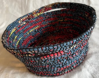 Coiled and handsewn Basket with handles. Upcycled materials