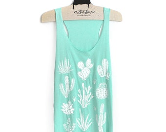 XL -Tri-Blend Mint Racerback Tank with White Cactus Screen Print