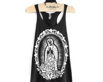 SALE Small -Tri-Blend Black Racerback Tank with Our Lady Screen Print