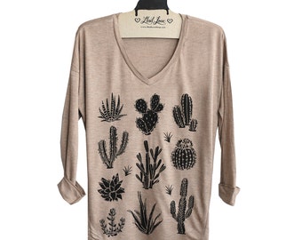 Womens M or L- Tan SOFT V-Neck Long Sleeve Top with Cactus Screen print