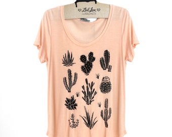 Large- Light Peach Scoop Neck Slub Tee with Cactus Screen Print