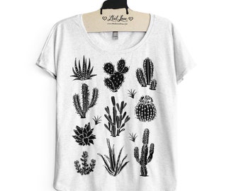 SALE XL- Tri-Blend Heather White Dolman Tee with Cactus Screen Print