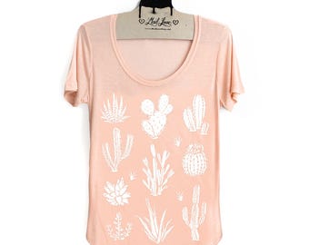Small- Light Peach Scoop Neck Slub Tee with Cactus Screen Print