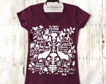 S,M,XL - Fitted Maroon Triblend Scoop Neck Tee with Folk Art Print