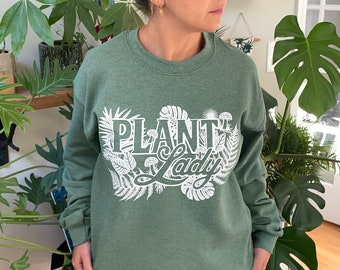 Unisex Large - Heather Green Fleece Sweatshirt with Plant Lady print