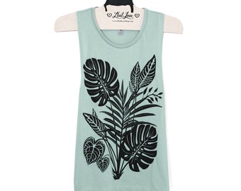 SALE Small  - Dusty Mint Muscle Tank with Tropical Screen Print misprint