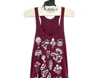 S,M,L- Tri-Blend Maroon Racerback Tank with Mushroom Screen Print