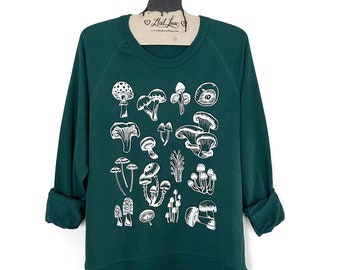 Unisex XL - Dark Teal Eco-Washed French Terry Sweatshirt with Mushrooms print