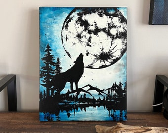 Moon Wolf Screenprint and Paint on Art Board- 12 x 16 x 1.5