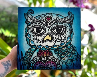 Dia de los Muertos Owl Akrylmålning – 8x8 Canvas Art