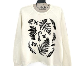 Womens Medium - Fleece raw edge Sweatshirt with Ferns and Butterflies Hand Screen Print