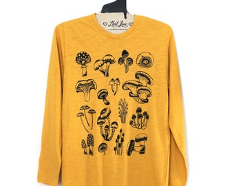 Unisex Small - Mustard Gold Slub Long Sleeve Crew Neck Tee with Mushrooms print