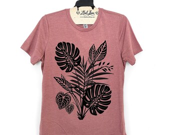 Large - Heather Mauve Tri-Blend Crew Tee avec sérigraphie de plantes tropicales