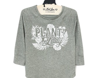 Small- Heather Green/Gray Ladies 3/4 Sleeve Raglan Top with Plant Lady Screen Print