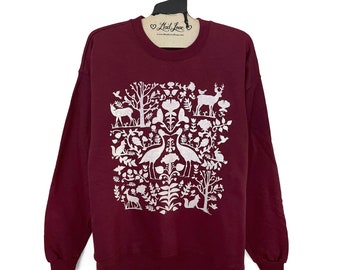 Unisex Large - Maroon Fleece Sweatshirt with Folk print