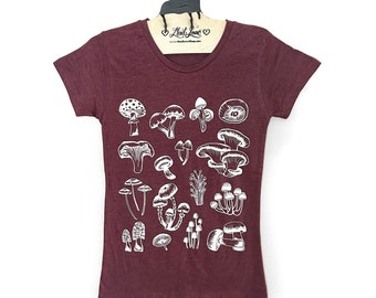 Womens Fitted Small-  Heather Maroon Crew Neck Tee with Mushrooms Screen Print