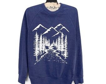 Unisex Small- Heather Blue French Terry Sweatshirt with Mountains Screen Print