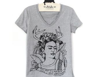 Small Heather Gray Tri-Blend V-neck Tee with Frida Screen Print