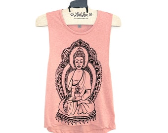 Small - Light Peachy Pink Muscle Tank with Buddha Screen Print