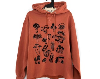 Womens Oversized Large - Rust Ladies Heavyweight Boxy Pullover Hood with Mushrooms Hand Screen Print