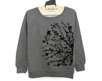 Ladies XL- Heather Gray Fleece Raglan Pullover with Flowering Branches Hand Screen Print