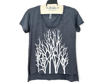 SALE 2XL - Heather Navy Scoop Festival hi lo Tee with Branch Trees Screen print