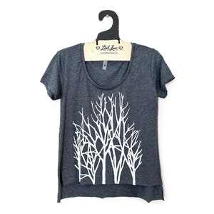 SALE Small - Heather Navy Scoop Festival hi lo Tee with Branch Trees Screen print