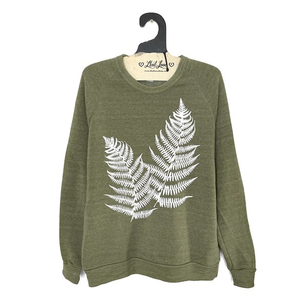 SALE Unisex XL - Heather Olive Eco-Fleece Sweatshirt with Ferns Screen Print