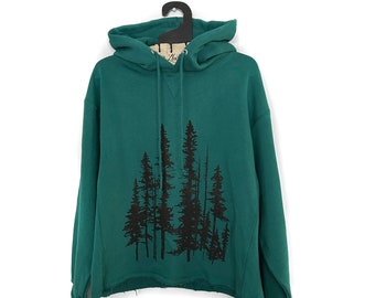 Sudadera con capucha cuadrada de peso pesado para mujer, talla mediana, de gran tamaño, color verde oscuro, con serigrafía a mano de árboles de hoja perenne