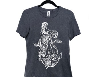 Womens Small - Relaxed fit Navy Tri-blend crew Neck Ladies Tee with Mermaid Print