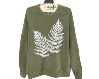 SALE Unisex XL - Heather Olive Eco-Fleece Sweatshirt with Ferns Screen Print