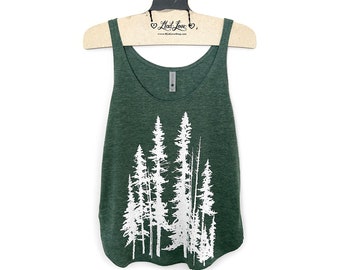 SALE Large - Heather Forest Scoop Neck Tank with Evergreen Trees Screen Print