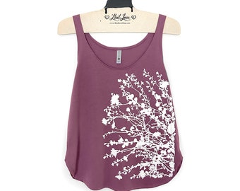 Medium - Purple Scoop Neck Tank with Flowering Branches Screen Print