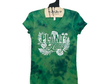 Fitted Medium- Ladies Hand Dyed Green Blue V-neck tee with Plant Lady Screen Print