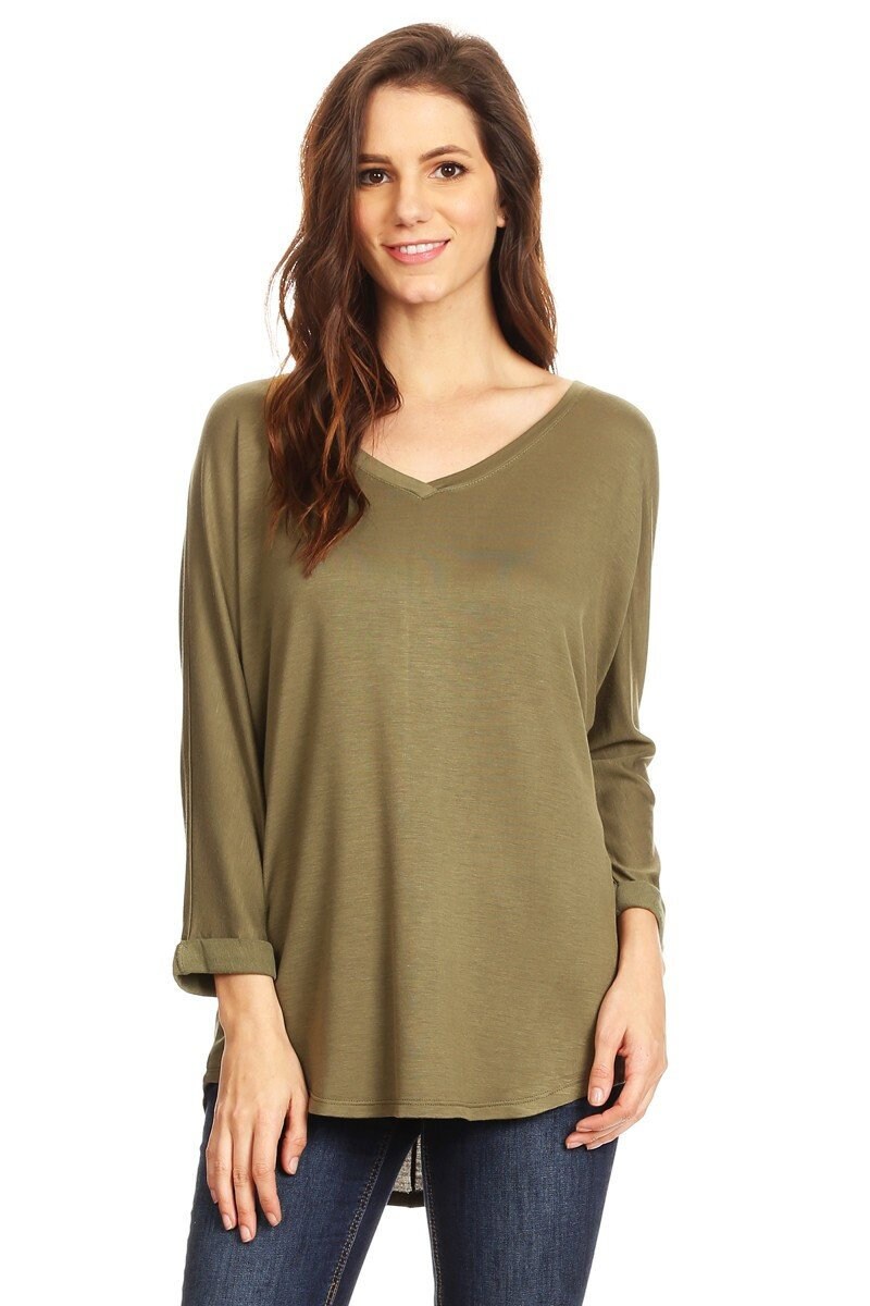 L or XL Olive Dolman V-neck Tunic with Evergreen trees | Etsy