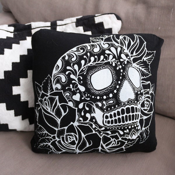 Hand Screen Printed Pillows Black Sugar Skull- One and Only of Each made