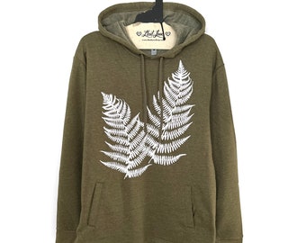Unisex Large- Heather Olive Super Soft Fleece Hooded Pullover Sweatshirt with Ferns Screen Print