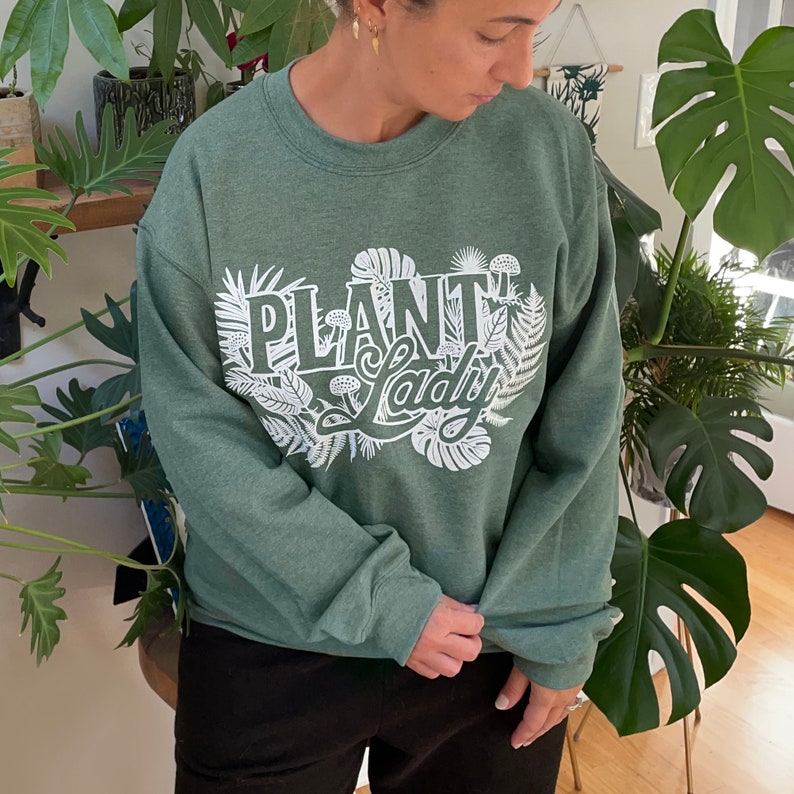 Unisex Small Heather Green Fleece Sweatshirt with Plant Lady print image 4